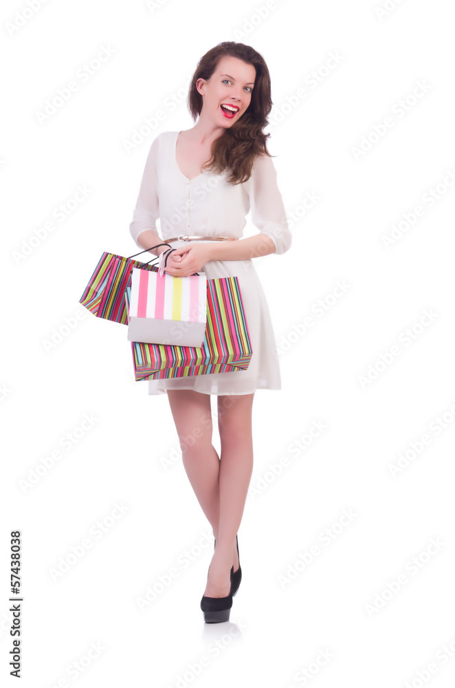 Tall girl after good shopping on white Tall girl after good shopping on white