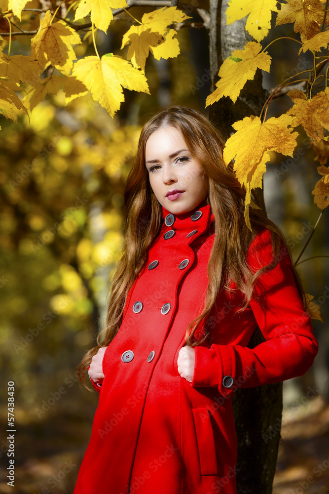 Beautiful elegant woman standing in a park in autumn Beautiful elegant woman standing in a park in autumn