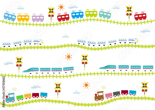 子供向け可愛い踏切のある線路を走る電車　はやぶさ