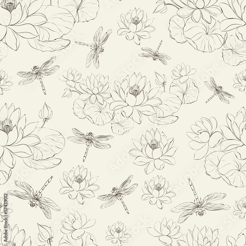 Seamless pattern lotus flower and dragonfly
