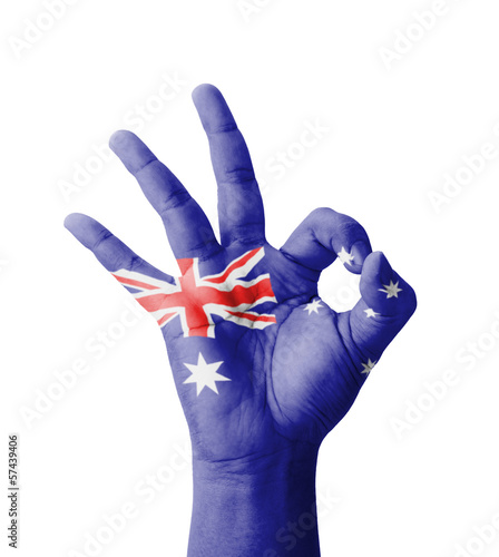 Hand making Ok sign, Australia flag painted
