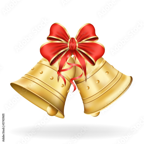 Christmas bells with red bow on white background. Xmas decoratio