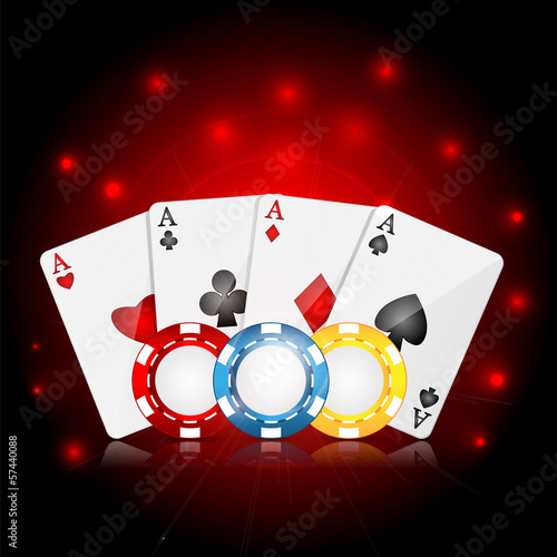 playing cards and poker chips on a red sparkling  background.cas