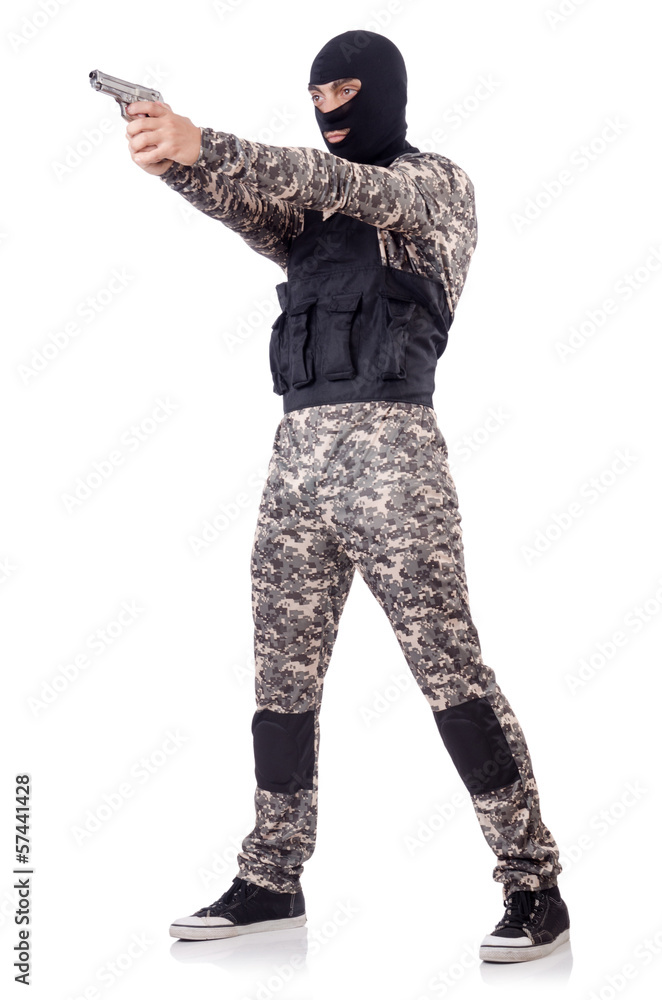 Soldier in camouflage with gun on white Soldier in camouflage with gun on white