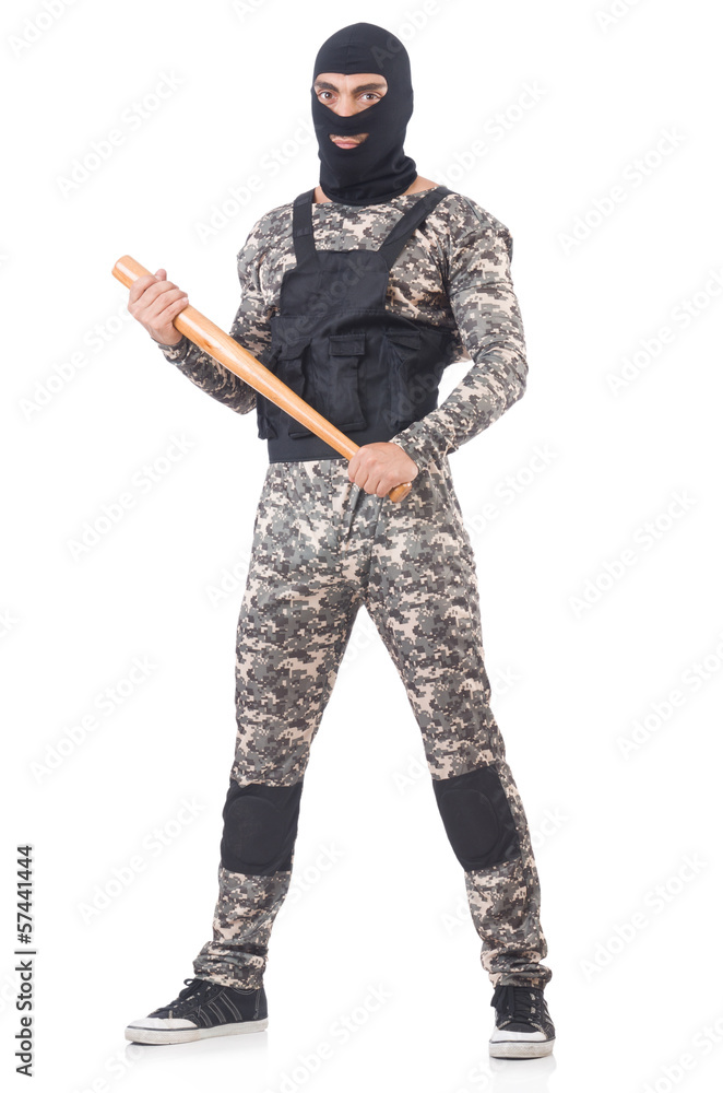 Soldier with baseball bat isolated on white Soldier with baseball bat isolated on white