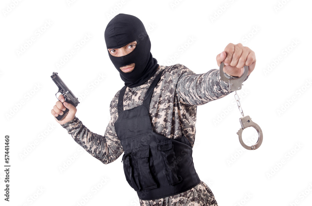 Soldier with handcuffs isolated on white Soldier with handcuffs isolated on white