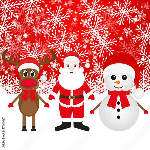 Christmas reindeer, snowman and Santa Claus in a forest
