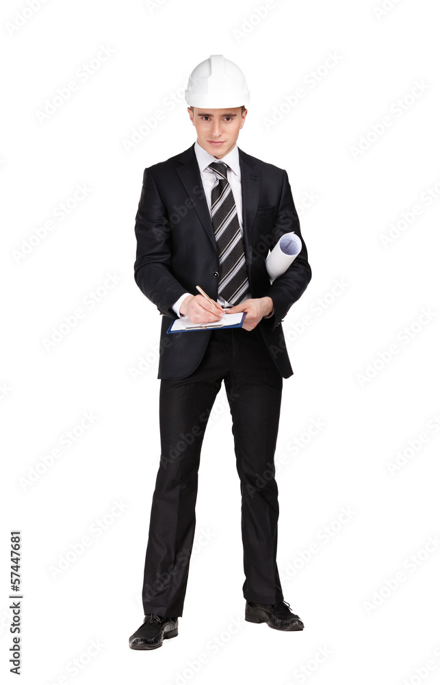 Making notes man in white headpiece handing blueprint, isolated Making notes man in white headpiece handing blueprint, isolated