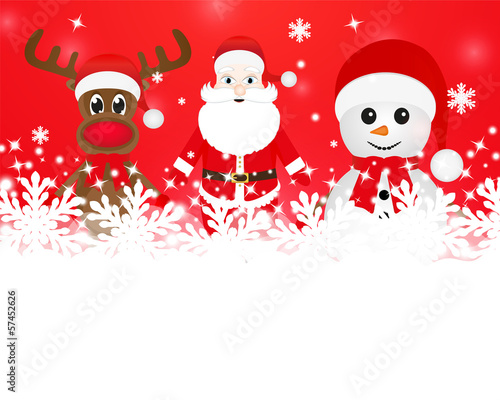 Christmas reindeer, snowman and Santa Claus in a forest