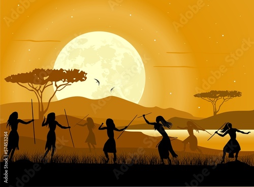 Africa landscape background. African hunters and moon rise