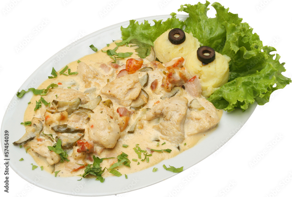 Chicken with sauce, vegetables and potato puree Chicken with sauce, vegetables and potato puree