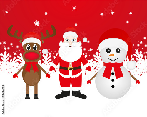 Christmas reindeer, snowman and Santa Claus in a forest