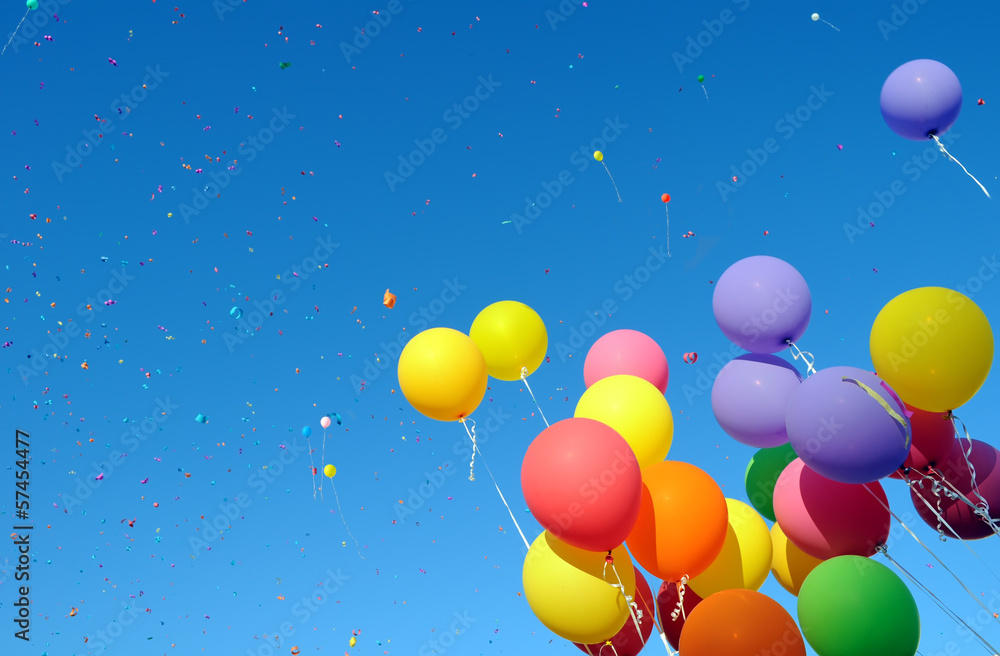 multicolored balloons and confetti - obrazy, fototapety, plakaty 