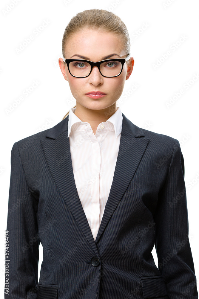 Half-length portrait of business woman wearing glasses
