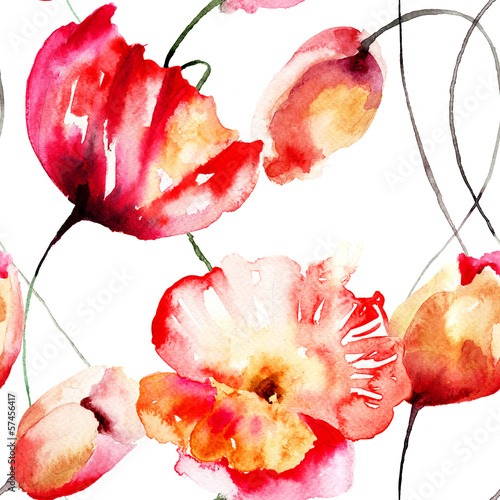 Obraz na płótnie Bezszwowy wzór z tulipanami i Makowymi kwiatami