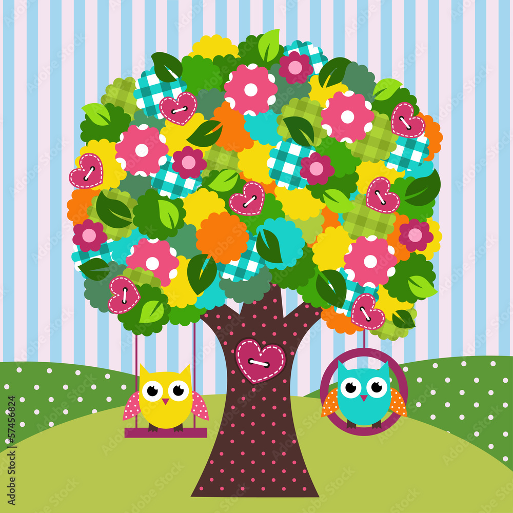 beautiful tree with owls on swings - vector illustration - obrazy, fototapety, plakaty 