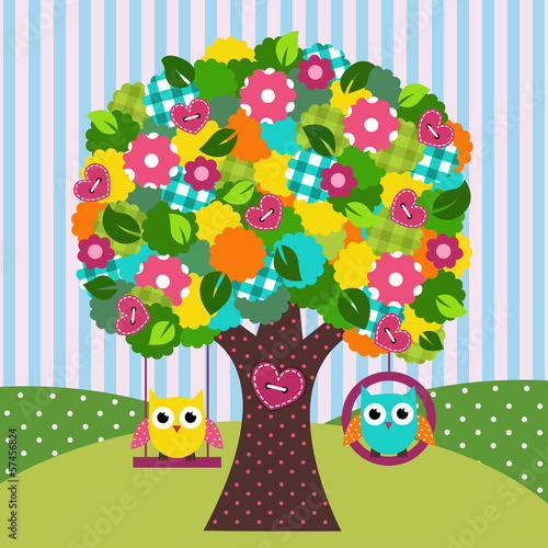 beautiful tree with owls on swings - vector illustration