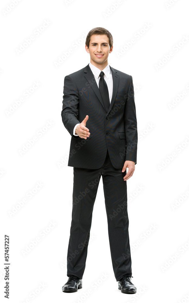 Full-length portrait of business man handshake gesturing Full-length portrait of business man handshake gesturing