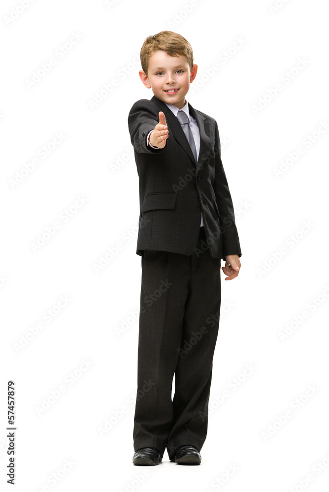 Full-length portrait of little thumbing up businessman, isolated Full-length portrait of little thumbing up businessman, isolated