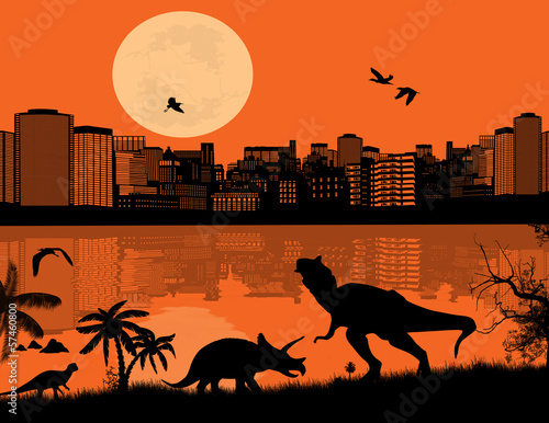 Dinosaurs Silhouettes in front a city scape