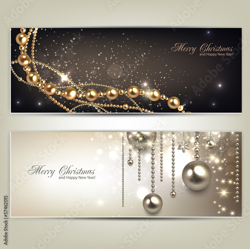 Elegant christmas banners with golden baubles and stars. Vector