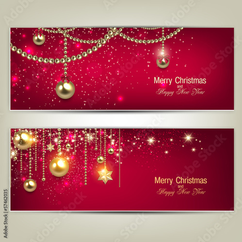 Set of Elegant Red Christmas banners with golden baubles and sta