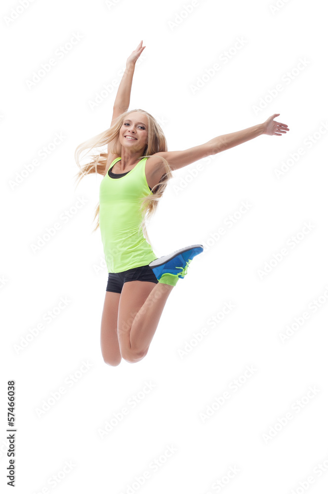 Cutout of happy young blonde posing in jump