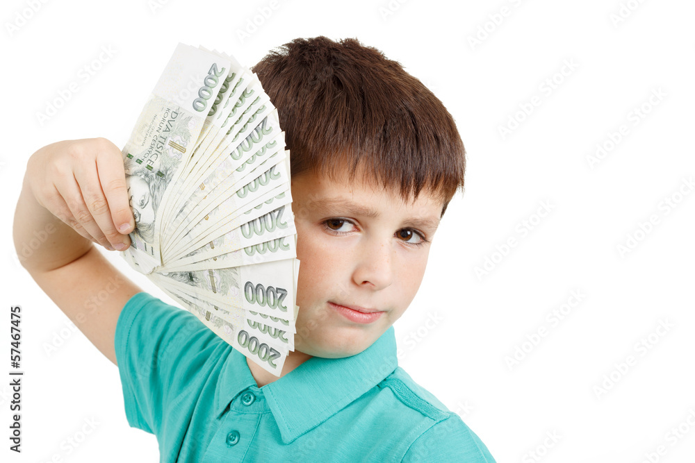 boy holding a fan from czech crown banknotes boy holding a fan from czech crown banknotes