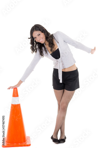 hispanic Woman with safety cone