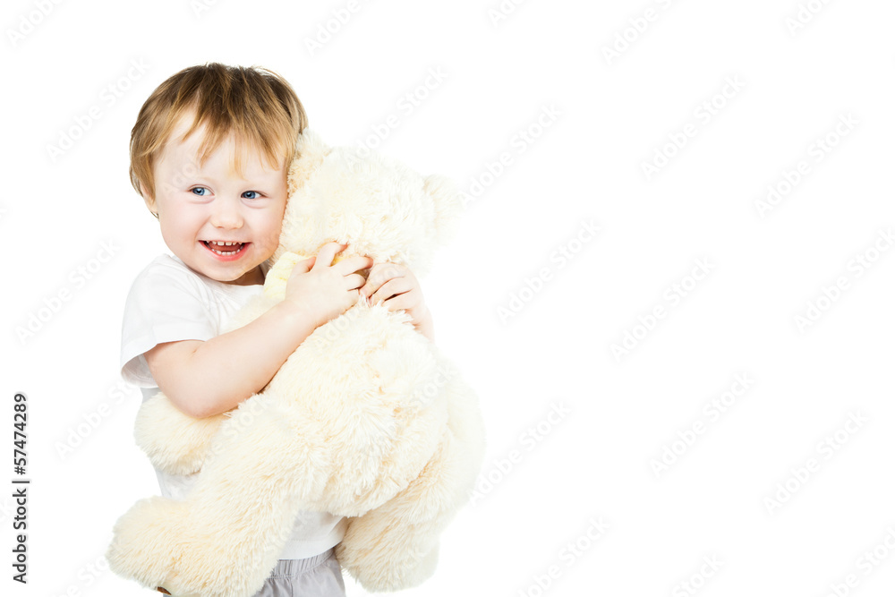 cute funny infant baby girl with big toy bear cute funny infant baby girl with big toy bear