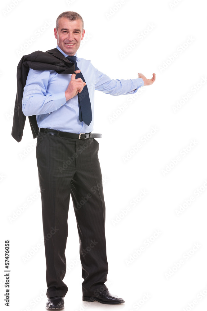 business man with jacket over shoulder presents in the back business man with jacket over shoulder presents in the back