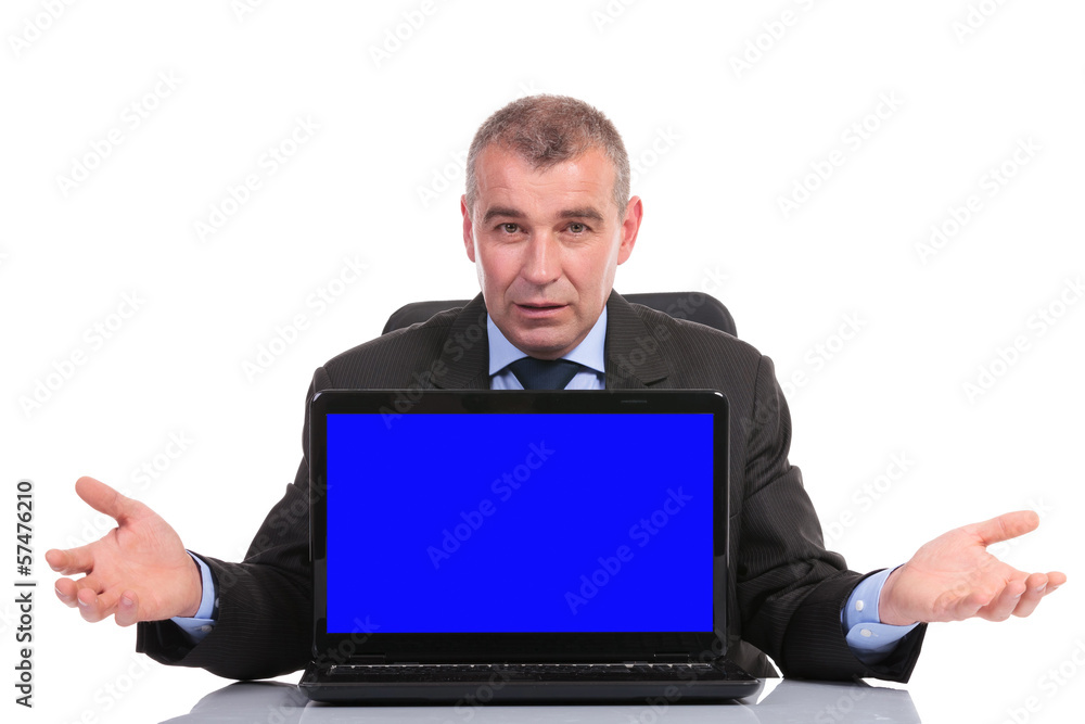 business man presents laptop with blue screen business man presents laptop with blue screen