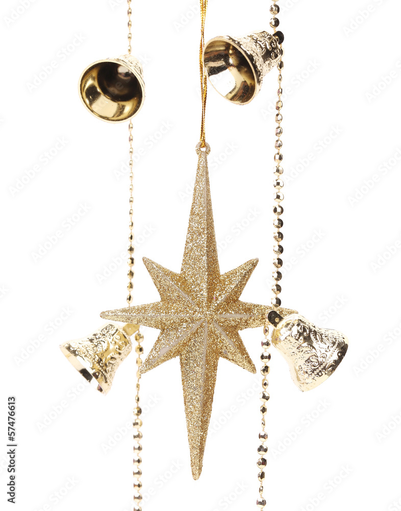 Christmas golden garland with stars and bells. Christmas golden garland with stars and bells.