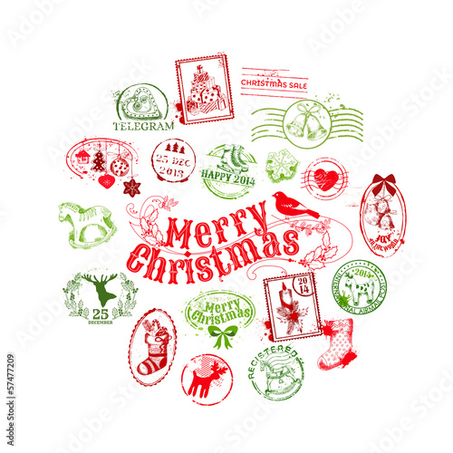 Christmas Card with Postage Stamps - for design, scrapbook