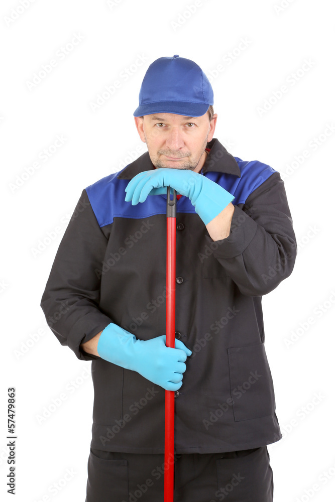 Working man with broom. Working man with broom.
