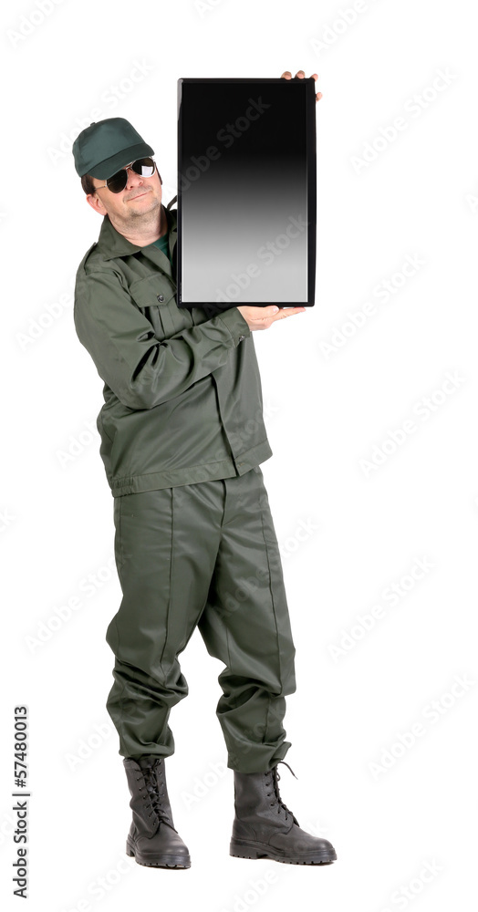 Man holding LCD screen. Man holding LCD screen.