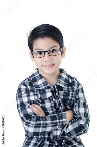 Cute little boy with eye glasses isolate on white background .