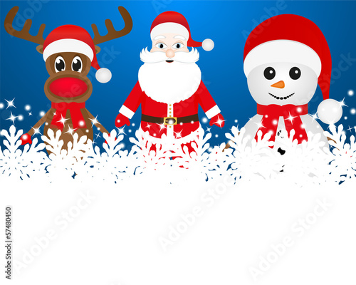Christmas reindeer, snowman and Santa Claus in a forest
