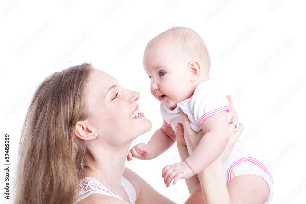 picture of happy mother with baby over white picture of happy mother with baby over white