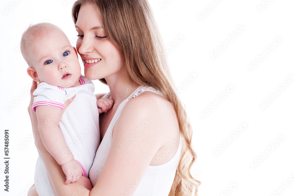 picture of happy mother with baby over white picture of happy mother with baby over white