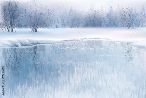 Vector of winter scene with river and forest background.
