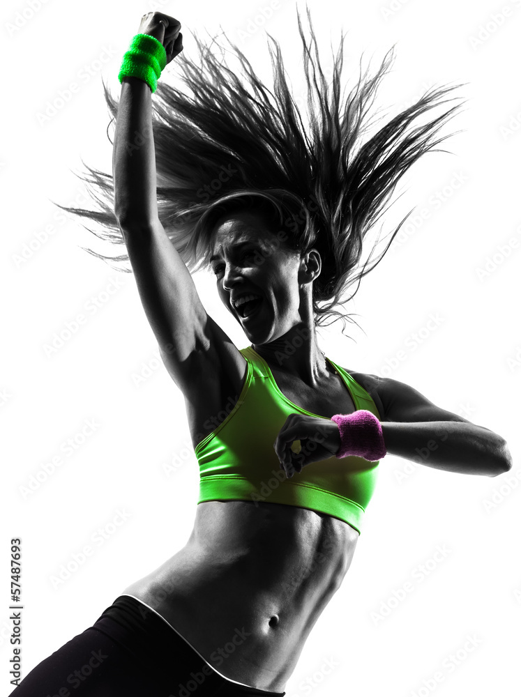woman exercising fitness zumba dancing silhouette - obrazy, fototapety, plakaty 