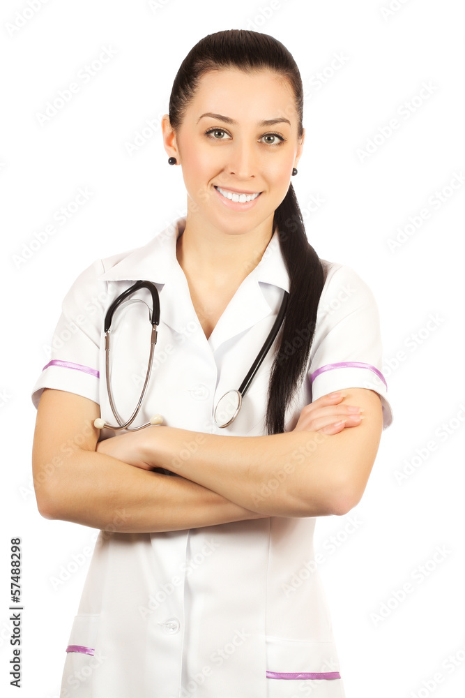smiling woman doctor in white coat isolated smiling woman doctor in white coat isolated