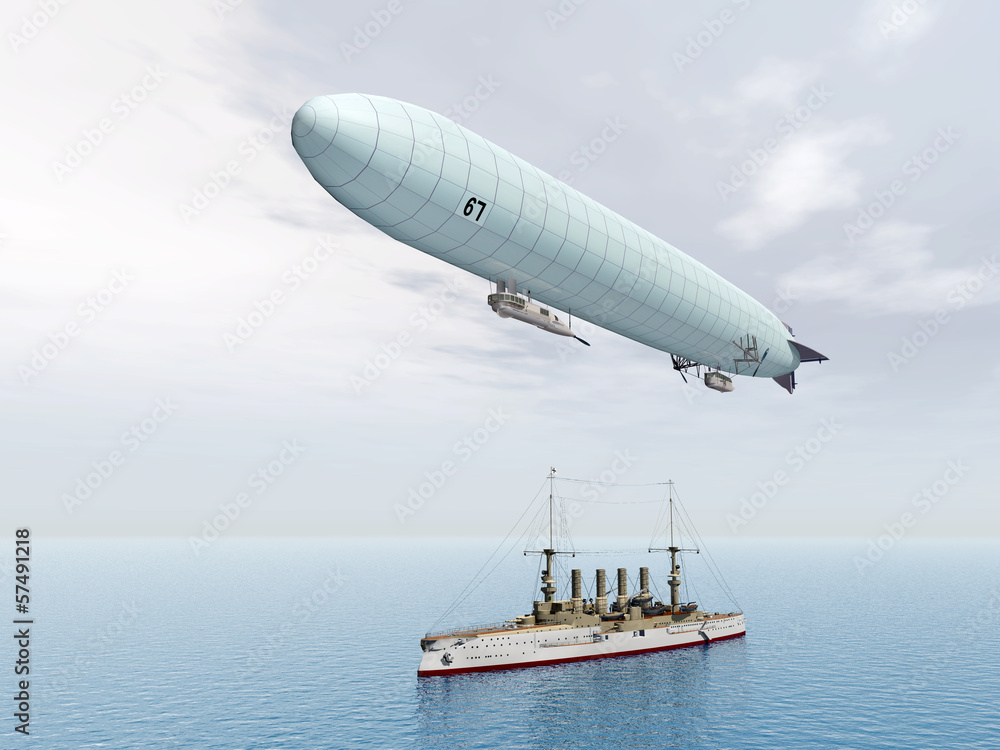 Fototapeta premium Deutsches Luftschiff und deutscher Großer Kreuzer (1.WK)