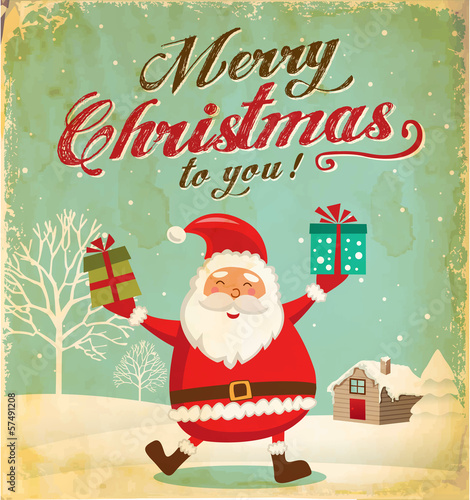 intage winter landscape with Santa Claus. Vector illustration