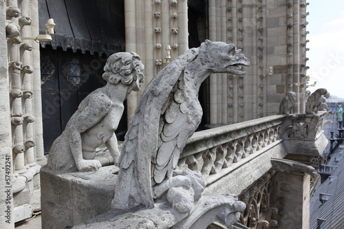 Notre Dame of Paris, famous Chimeras, overlooking the skyline of