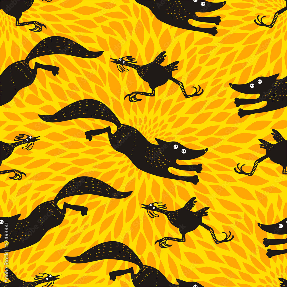 Seamless pattern with funny running chicken and fox