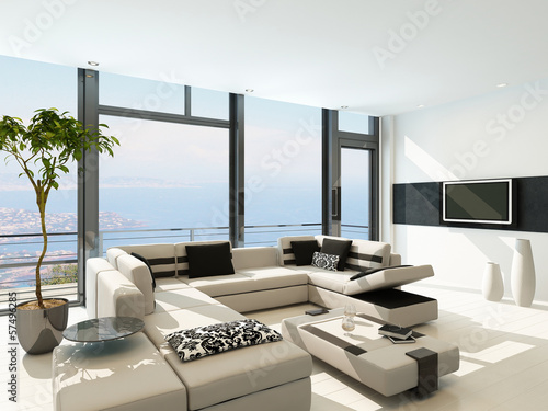 Modern white living room interior with splendid seascape view