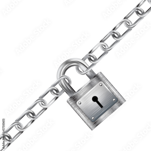 Metallic Padlock, Chain  on a White Background