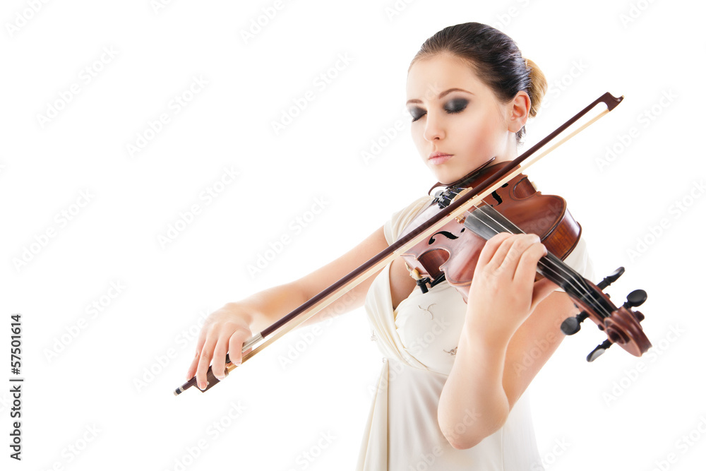 Beautiful young woman playing violin over white Beautiful young woman playing violin over white